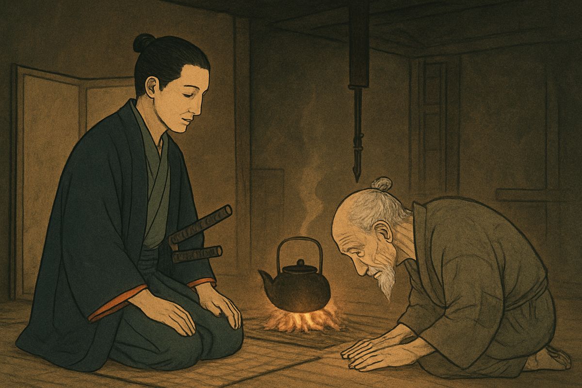 “Honoured sir,” said the old man, “the next village is far, and the road is very bad. Although this hovel is unworthy of you, it would be safer to stay here tonight.” Tomotada gladly agreed.