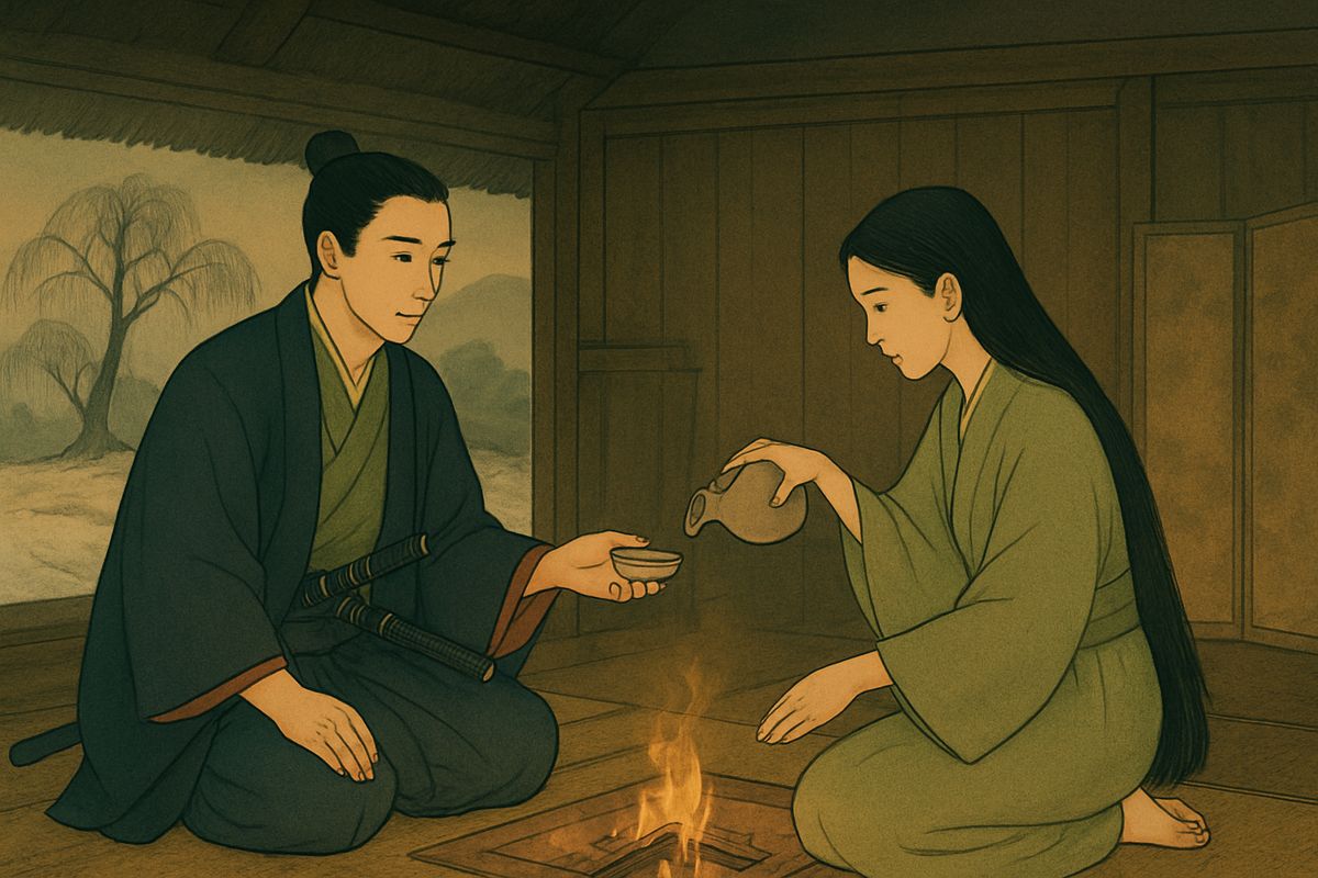The girl came from behind the screen to serve the wine, now in a clean homespun robe, her hair neatly combed. “Our daughter Aoyagi was raised in the mountains,” the old folk apologised. “Pardon her ignorance.”