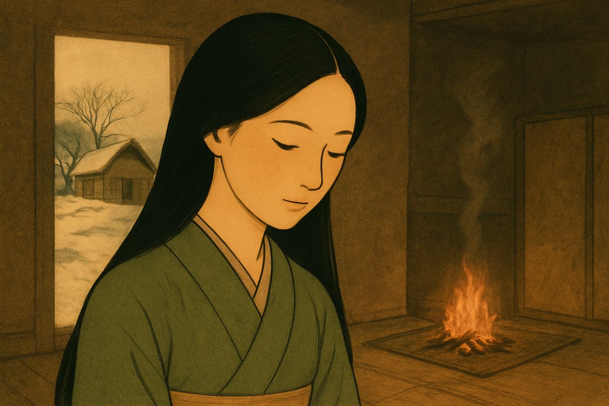 Tomotada could not take his eyes from her, though his gaze made her blush. She spoke and moved like a lady of rank, and her speech was as sweet as her face.
