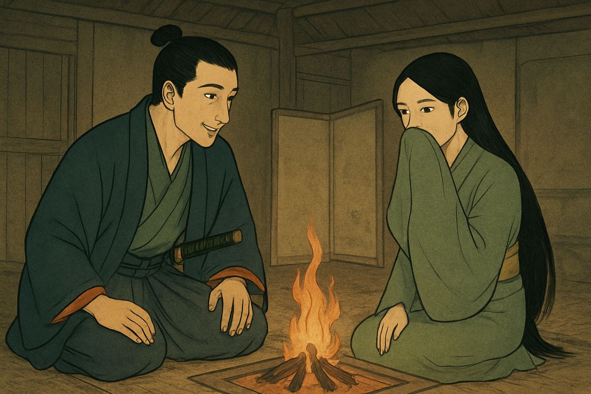 Tomotada spoke a poem that hid a question: was the flower he had found sharing his feeling? Without hesitation Aoyagi answered in verse: if she hid the dawn with her sleeve, perhaps her lord would stay.