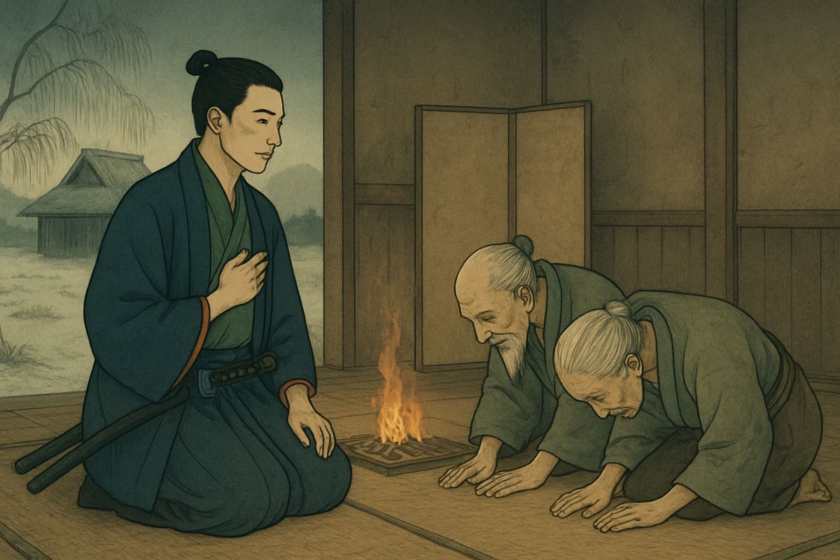 Bewitched, Tomotada at once asked the old people for their daughter's hand, telling them his name and rank. They bowed down in grateful astonishment and humbly gave her to him.