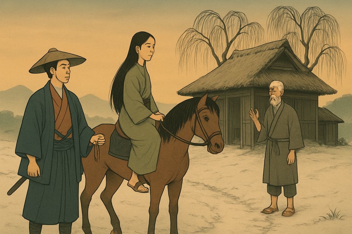 So Tomotada lifted Aoyagi onto his horse and bade the old folk farewell. “We are sure you will be kind to our girl,” said the father, “and we have no fears for her sake.”