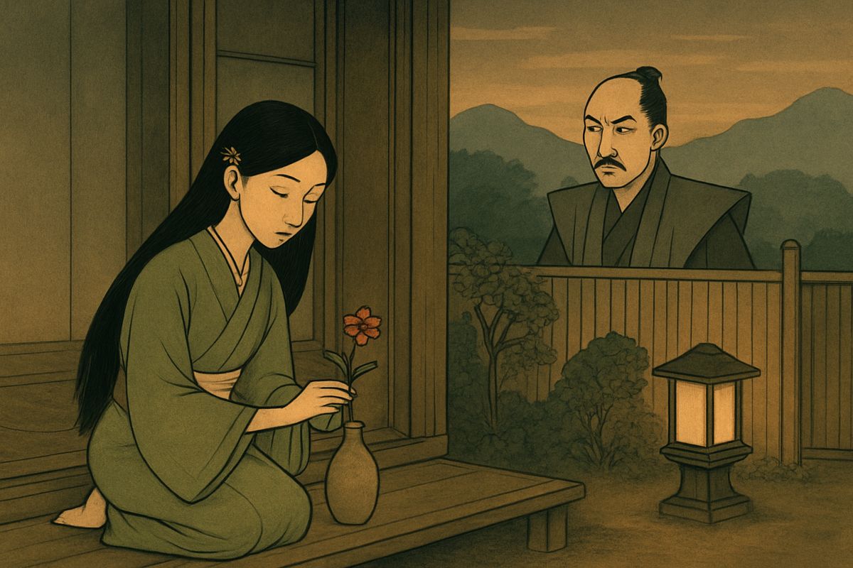 In Kyōto, Tomotada kept Aoyagi hidden, for a samurai could not marry without his lord's consent. But one day a retainer of Lord Hosokawa caught sight of her and reported it to his young master.