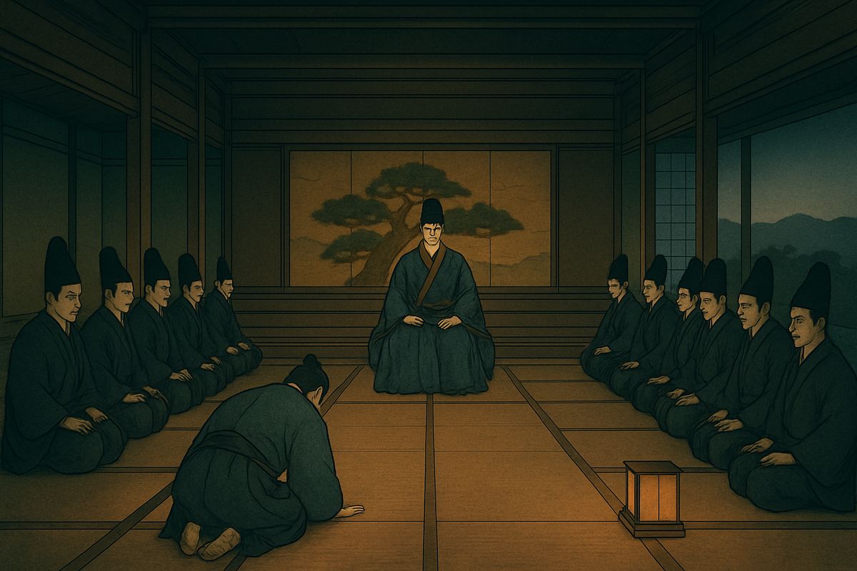 In the presence-room the lord sat on his dais among samurai in ceremonial robes, all as silent as statues. The hush felt heavy and sinister, like the stillness before a storm.