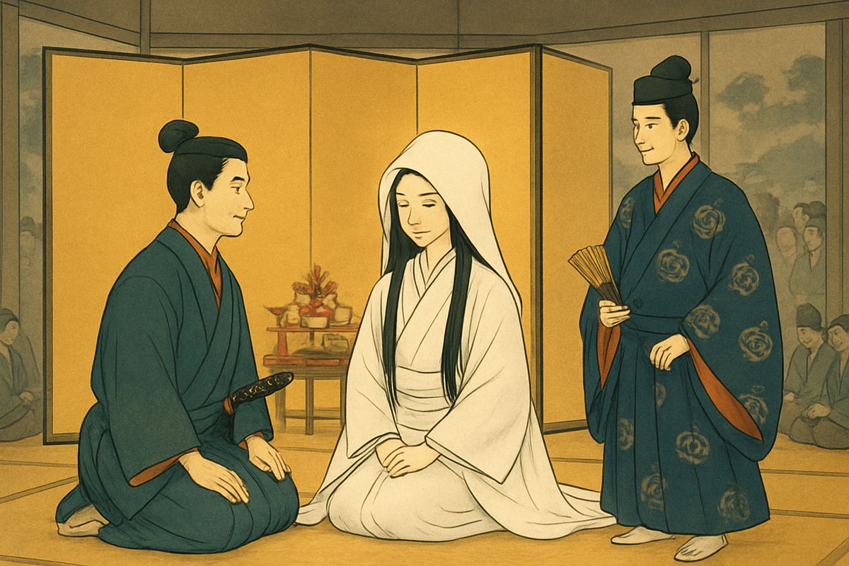 “Because you love each other so much, I authorise your marriage,” said Hosokawa. The screens slid open, and there waited Aoyagi in bridal dress. The wedding was joyous and splendid.