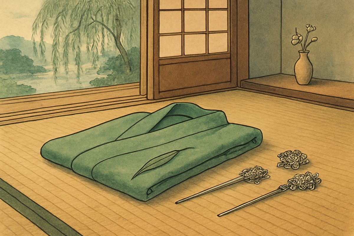 Hiding her face behind her sleeve, she seemed to sink down, down, level with the floor. Tomotada sprang to hold her, but there was nothing to hold. Only her empty robes and hair ornaments lay on the matting.