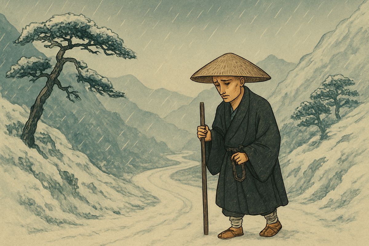 Tomotada shaved his head and became a wandering priest. He travelled through every province, praying at holy places for the soul of Aoyagi.