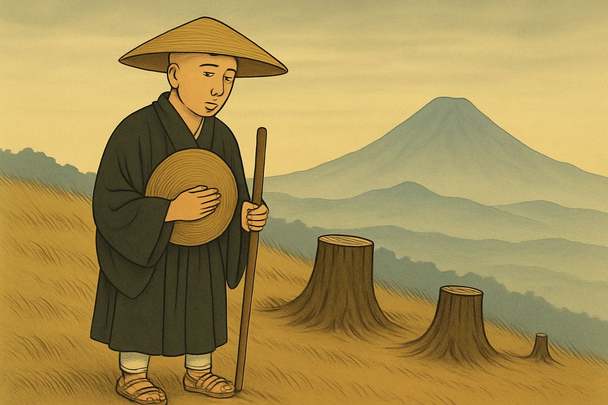 At last he reached the lonely hill in Echizen. The cottage had vanished. Nothing marked the spot but the stumps of three willows, two old and one young, cut down long before.
