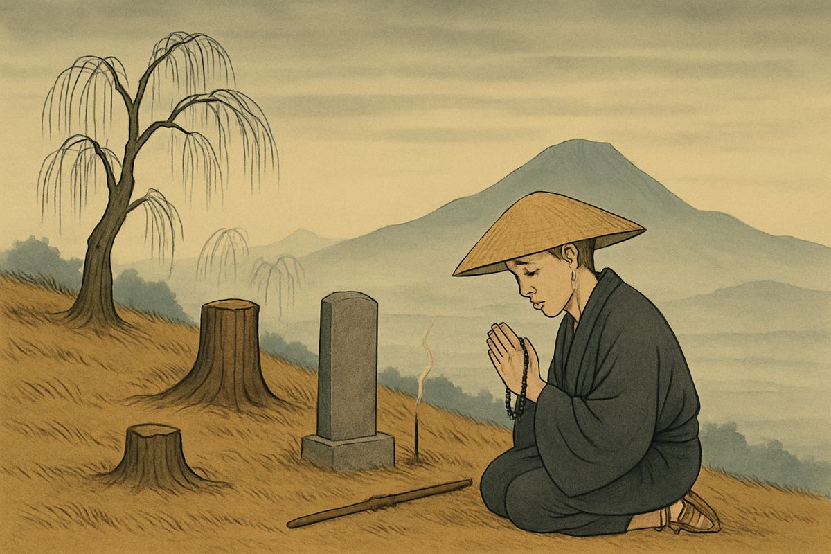 Beside the stumps he raised a memorial tomb inscribed with holy texts, and there he prayed many times for the spirits of Aoyagi and her gentle parents.