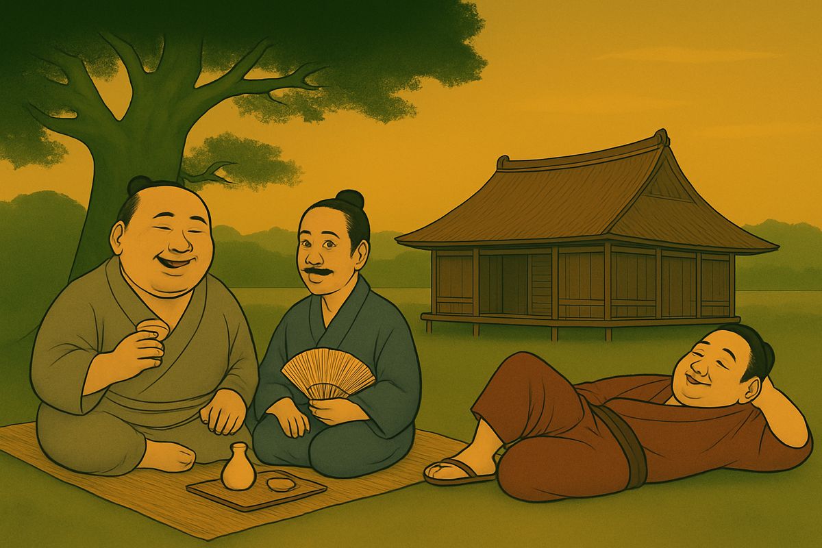 In Yamato Province lived a gōshi named Miyata Akinosuké. One hot afternoon he sat drinking wine with two friends beneath the great cedar in his garden, until he grew so drowsy that he begged their pardon and lay down for a nap.