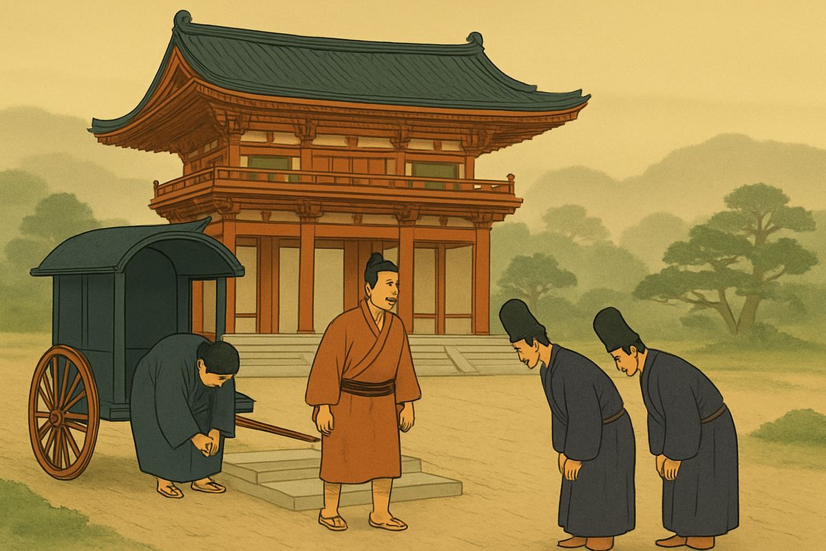 Soon the carriage stopped before a huge Chinese-style gateway he had never seen. Two noble men in purple robes and high caps came out, bowed, and helped him down.