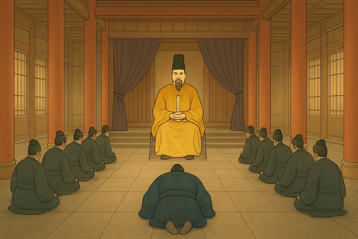 He was led before the King of Tokoyo, who sat robed in yellow silk upon a high dais among rows of motionless lords. Akinosuké bowed to the floor three times, and the King greeted him graciously.