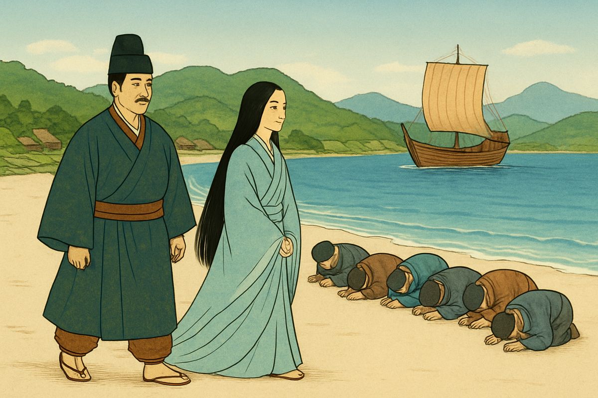Akinosuké and his bride sailed to Raishū on a ship of state, carried by favoring winds. The good people of the island gathered on the beach to welcome them.