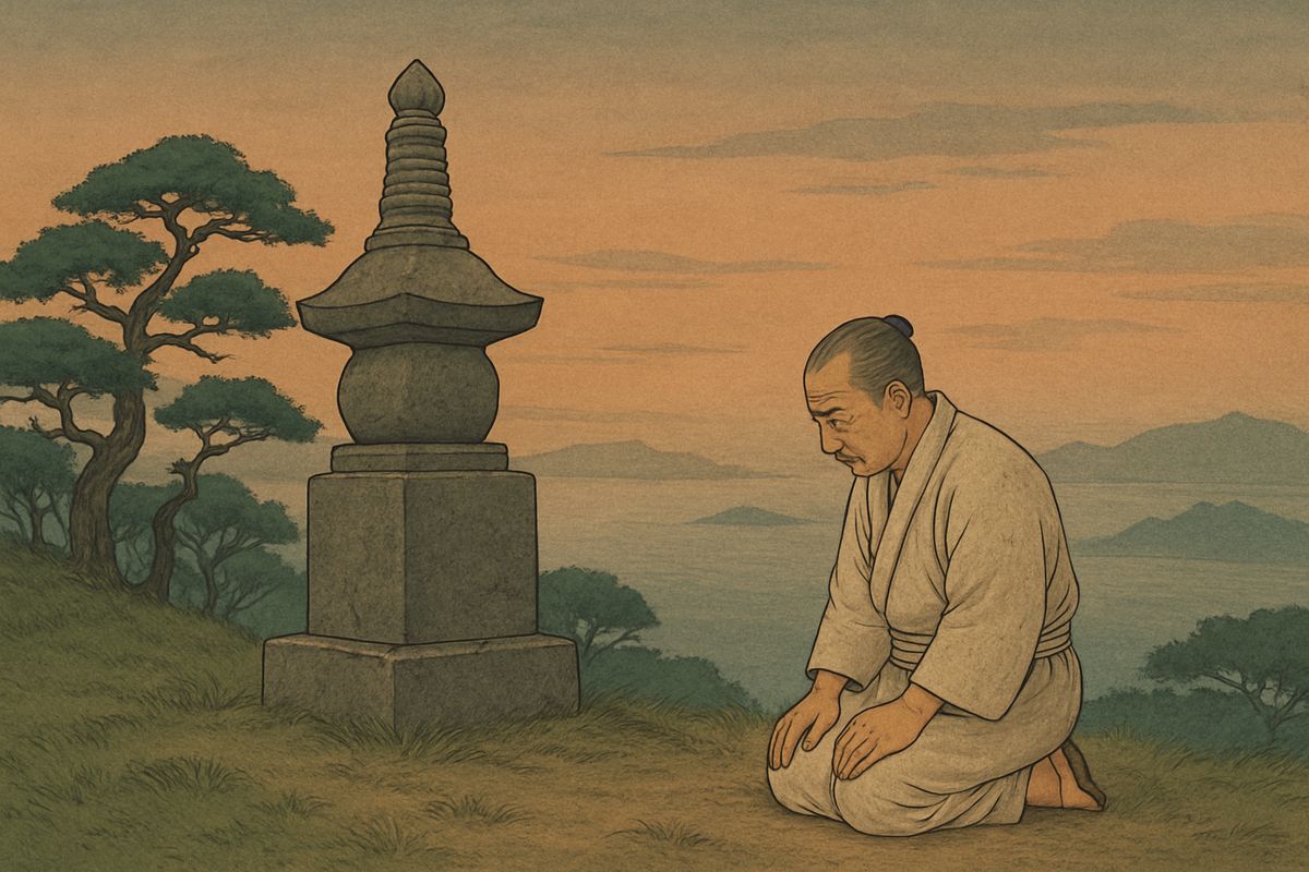 But in the twenty-fourth year his wife, mother of their seven children, fell sick and died. She was buried on the beautiful hill of Hanryōkō beneath a splendid monument, and Akinosuké grieved so deeply he no longer cared to live.