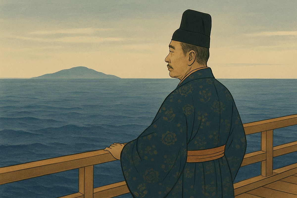 He sailed away on the ship sent for him, out into the blue sea under the blue sky. The island of Raishū turned blue, then grey, and then vanished forever...