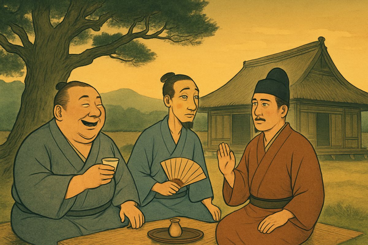 ...and Akinosuké suddenly awoke under the cedar in his own garden! His two friends were still drinking and chatting. "How strange!" he cried, staring at them in bewilderment.