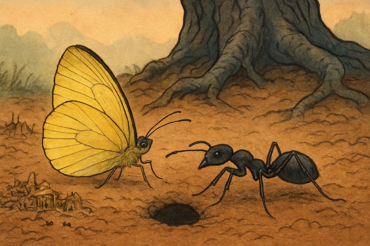 He told them of his twenty-three years in Tokoyo, though he had slept only a few minutes. His friends had seen a yellow butterfly flutter over his face, then a big ant drag it into a hole by the tree, until it flew out again and vanished.