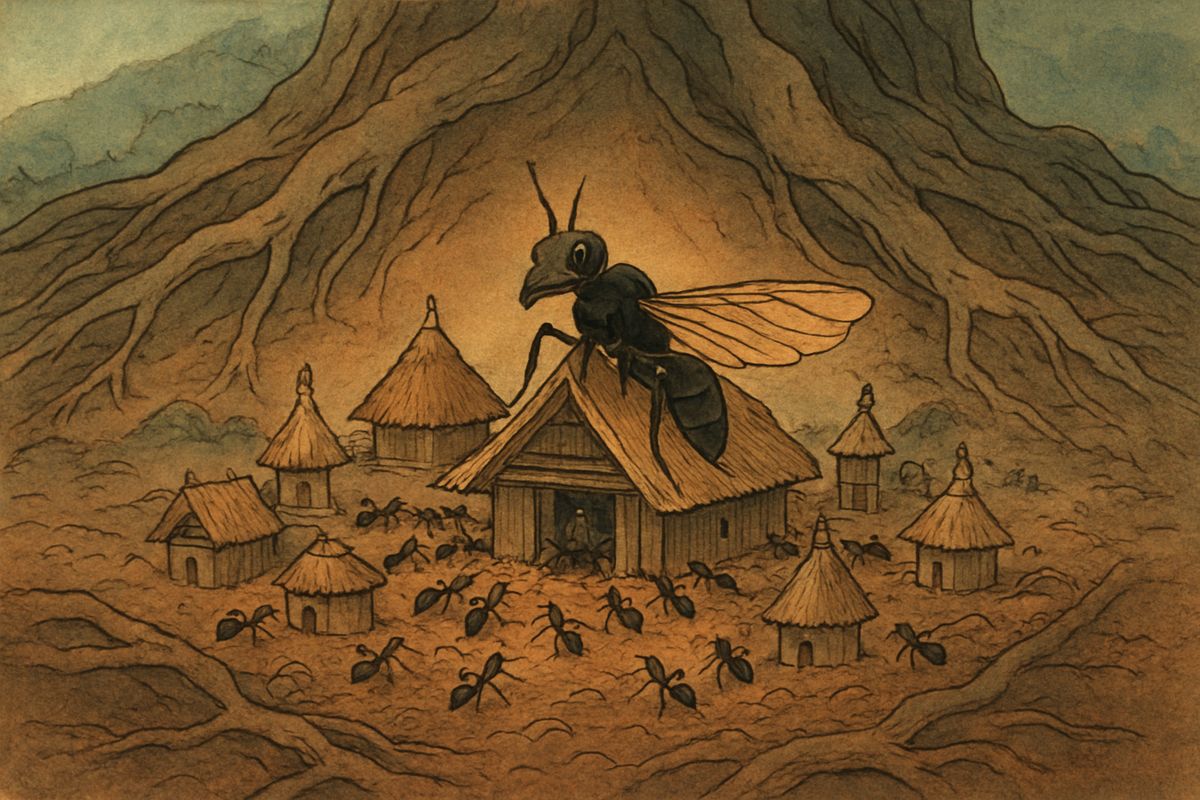 Beneath the tree lay a vast ant colony, with tiny buildings of straw and clay like little towns. In the largest, small ants swarmed around one very big ant with yellowish wings. "Why, there is the King of my dream, and the palace of Tokoyo!"