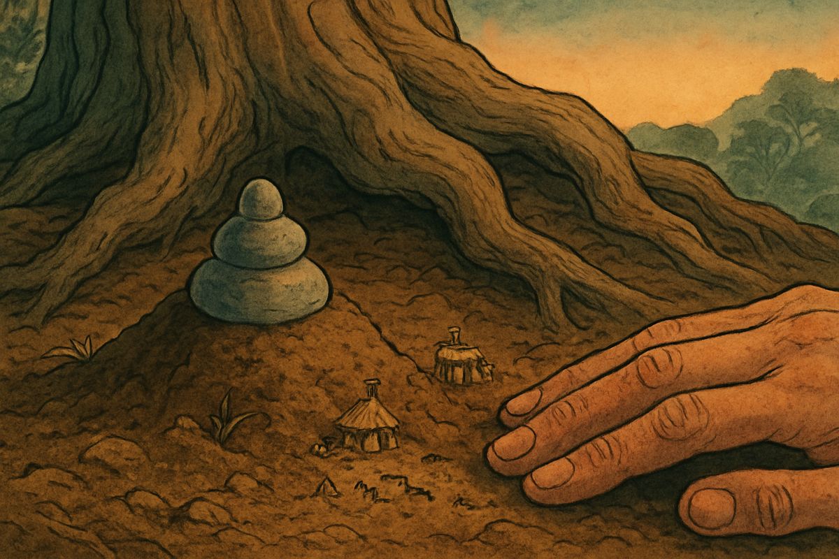 Southwest of it, left of a big root, he found Raishū. There, at last, he discovered a tiny mound topped with a water-worn pebble shaped like a Buddhist monument. Beneath it, in the clay, lay a dead female ant: the grave of his princess.