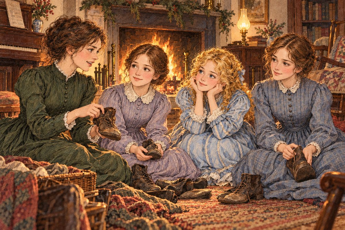 “Christmas won’t be Christmas without any presents,” grumbled Jo by the fire, and her sisters sighed over their old dresses and their one dollar each. But when Beth set Marmee’s worn-out slippers to warm, the girls forgot their grumbling and secretly agreed to spend their money on gifts for Marmee instead.