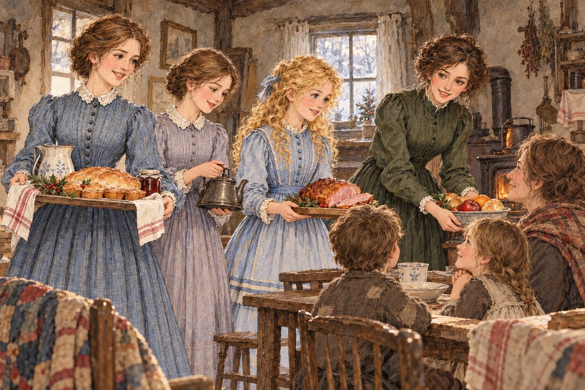 Through quiet back streets they carried the breakfast to a bare, cold room where pale children huddled under one old quilt. Hannah made a fire, and the girls fed the little Hummels like hungry birds. “Funny angels in hoods and mittens,” said Jo, and everyone laughed.