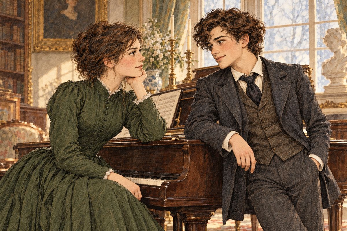 A week later, at a New Year’s Eve dance, Jo hid her scorched dress behind a curtain and found herself face to face with that very boy. Soon they were chatting like old friends. “I’m not Mr Laurence, I’m only Laurie,” he said, and later he drove both sisters home when Meg sprained her ankle.