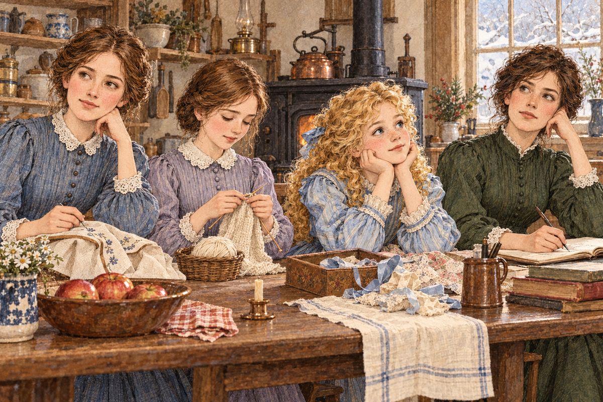 “Oh, dear, how hard it does seem to take up our packs and go on,” sighed Meg the morning after the party. The holidays were over, and every sister had a burden: Meg her four spoiled pupils, Jo peppery Aunt March, Beth her shyness, and Amy her flat nose and hand-me-down dresses.