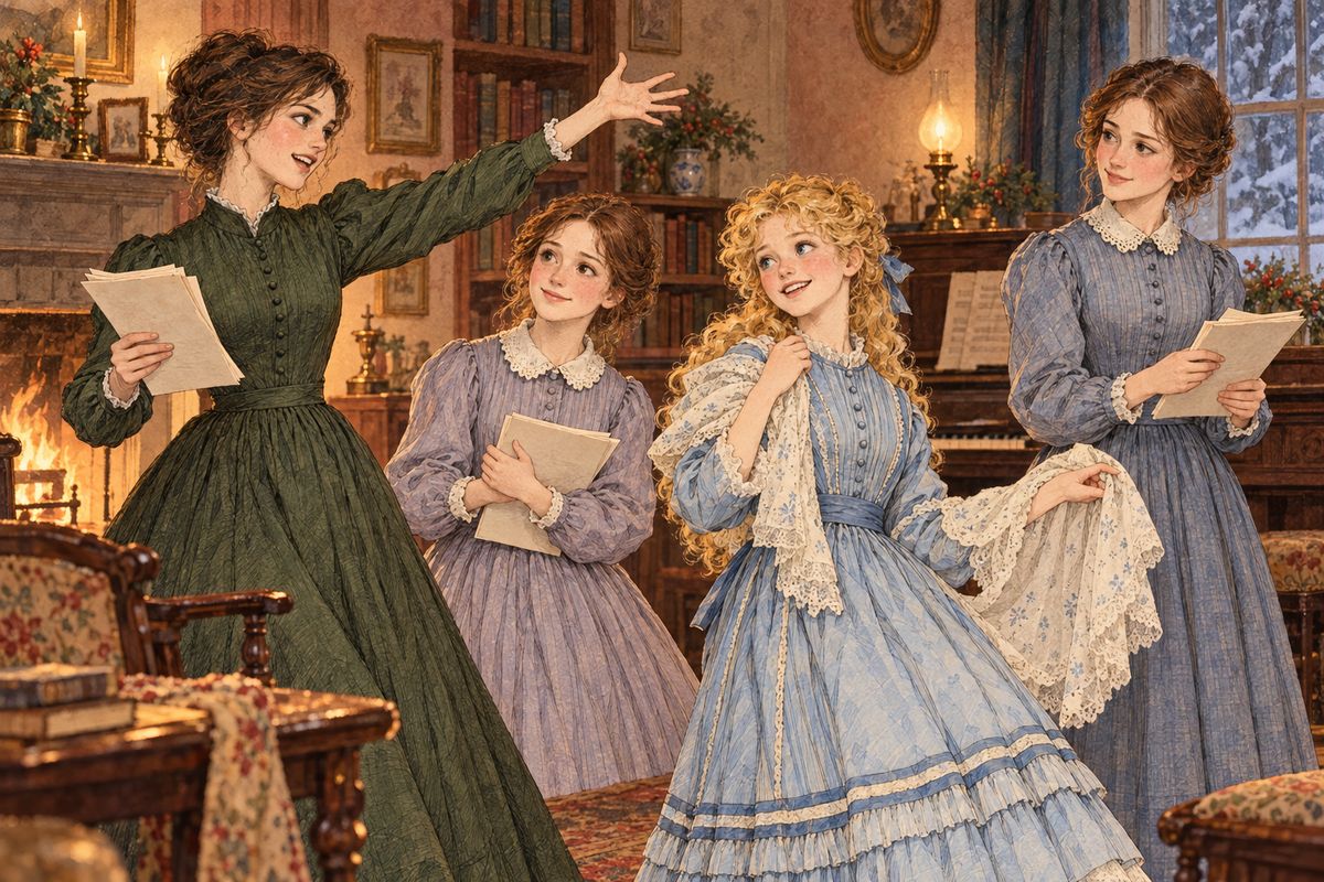 That evening Jo told the story of her day like a little play. She had read The Vicar of Wakefield to Aunt March and then stopped meekly at a thrilling place. “Finish the chapter, and don’t be impertinent, miss,” snapped the old lady. Then Meg and Amy shared tales of disgrace at the Kings’ and at school.