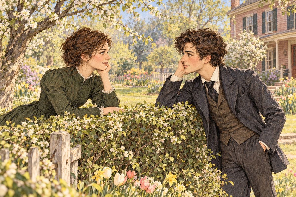 One afternoon Jo swept a path down to the hedge and spied Laurie’s curly head at his window, looking wistfully over at their garden. “How do you do? Are you sick?” she called. He had been shut up a week with a cold, with no one to talk to, so Jo promised to visit.