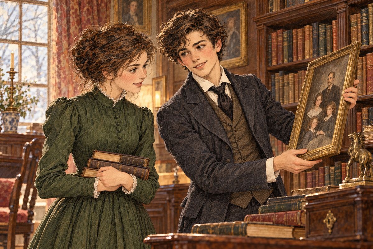 Jo soon arrived with blanc mange and Beth’s kittens, and after a merry talk Laurie led her to the library, lined with books beneath his grandfather’s portrait. “Theodore Laurence, you ought to be the happiest boy in the world,” she sighed. But Laurie shook his head, for a fellow can’t live on books.