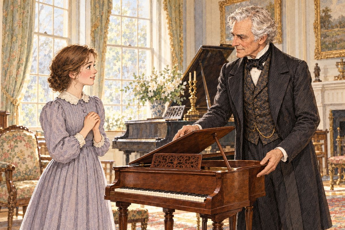 Shy Beth was too frightened of gruff Mr Laurence to touch his grand piano, until he kindly invited her to play whenever she liked. To thank him, she stitched him a pair of pansy slippers. In return he gave her a little piano that had belonged to the granddaughter he had lost.