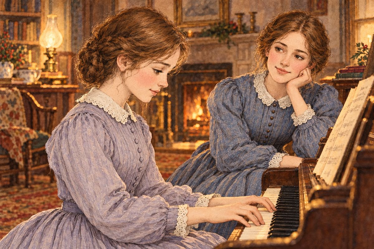“For me?” gasped Beth, when she saw the little piano standing in the parlor. Meg lifted the lid to show its green silk and gold rose, and Beth touched the keys with the happiest face in the world. Then, to everyone’s amazement, she marched next door and kissed Mr Laurence.