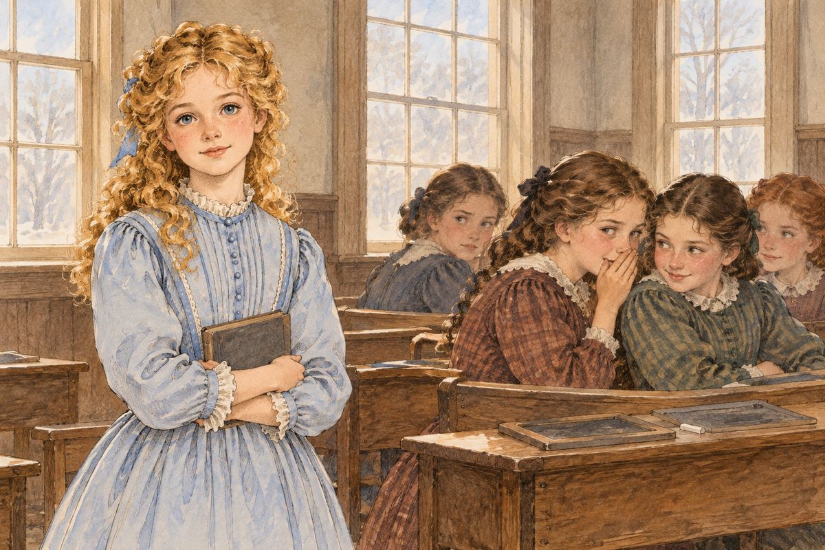 Jenny Snow told the teacher about Amy’s forbidden limes. He made Amy throw them out of the window, two by two, struck her palm, and set her on the platform before the whole school. Amy stood white and still, thinking, “I shall have to tell at home, and they will be so disappointed in me!”