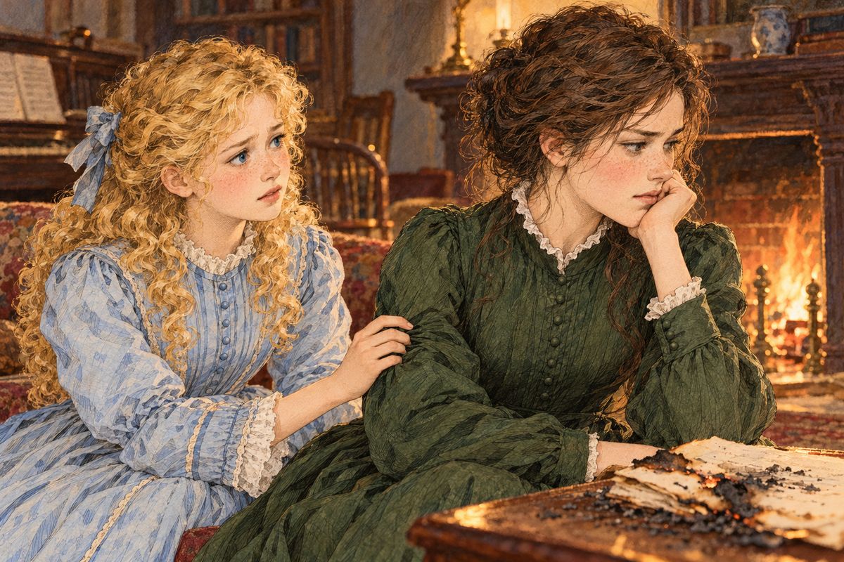 When Jo and Meg went to the theater with Laurie and left her behind, Amy took revenge: she burned Jo’s precious book of fairy tales, the loving work of several years. When Amy humbly begged pardon, Jo only answered sternly, “I never shall forgive you,” and from then on she ignored Amy entirely.