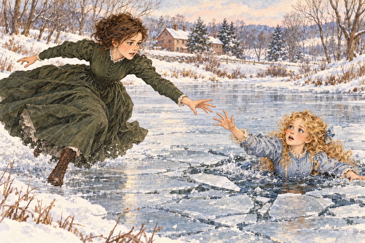 Next day Jo went skating with Laurie, and Amy hurried after them, hoping to make peace. Laurie called back, “Keep near the shore. It isn’t safe in the middle.” Jo heard but Amy didn’t, and Jo let her be, until the rotten ice cracked and Amy went down into the black water.