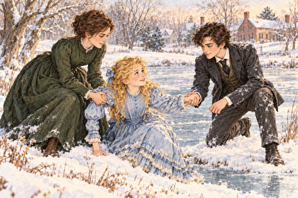 “Bring a rail. Quick, quick!” cried Laurie, lying flat on the ice to hold Amy up with his arm and hockey stick. Jo dragged a rail from the fence, and together they pulled her out, more frightened than hurt. Wrapped in their coats, shivering, dripping, and crying, Amy was hurried home.