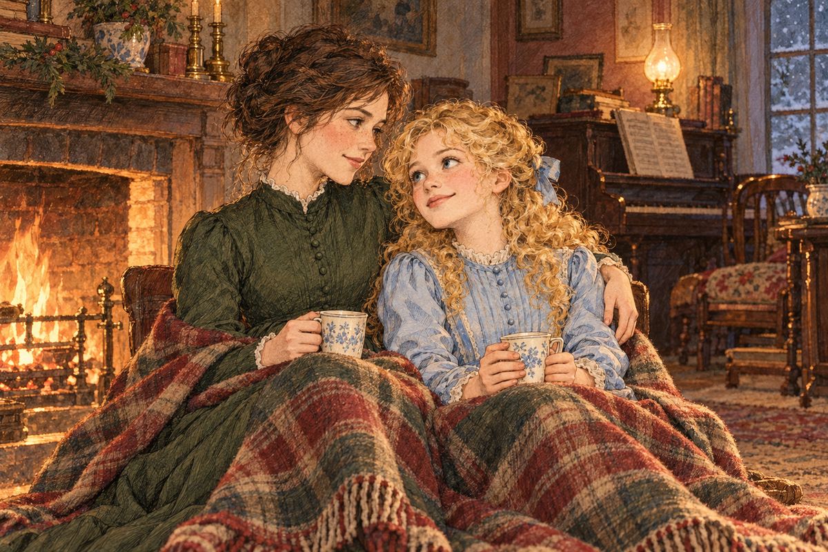 That night, as Amy slept by the fire, Jo sobbed to Marmee, “It’s my dreadful temper!” Marmee confessed she had fought the very same fault for forty years. When Amy woke in her blankets and held out her arms, the sisters hugged close, and everything was forgiven and forgotten in one hearty kiss.