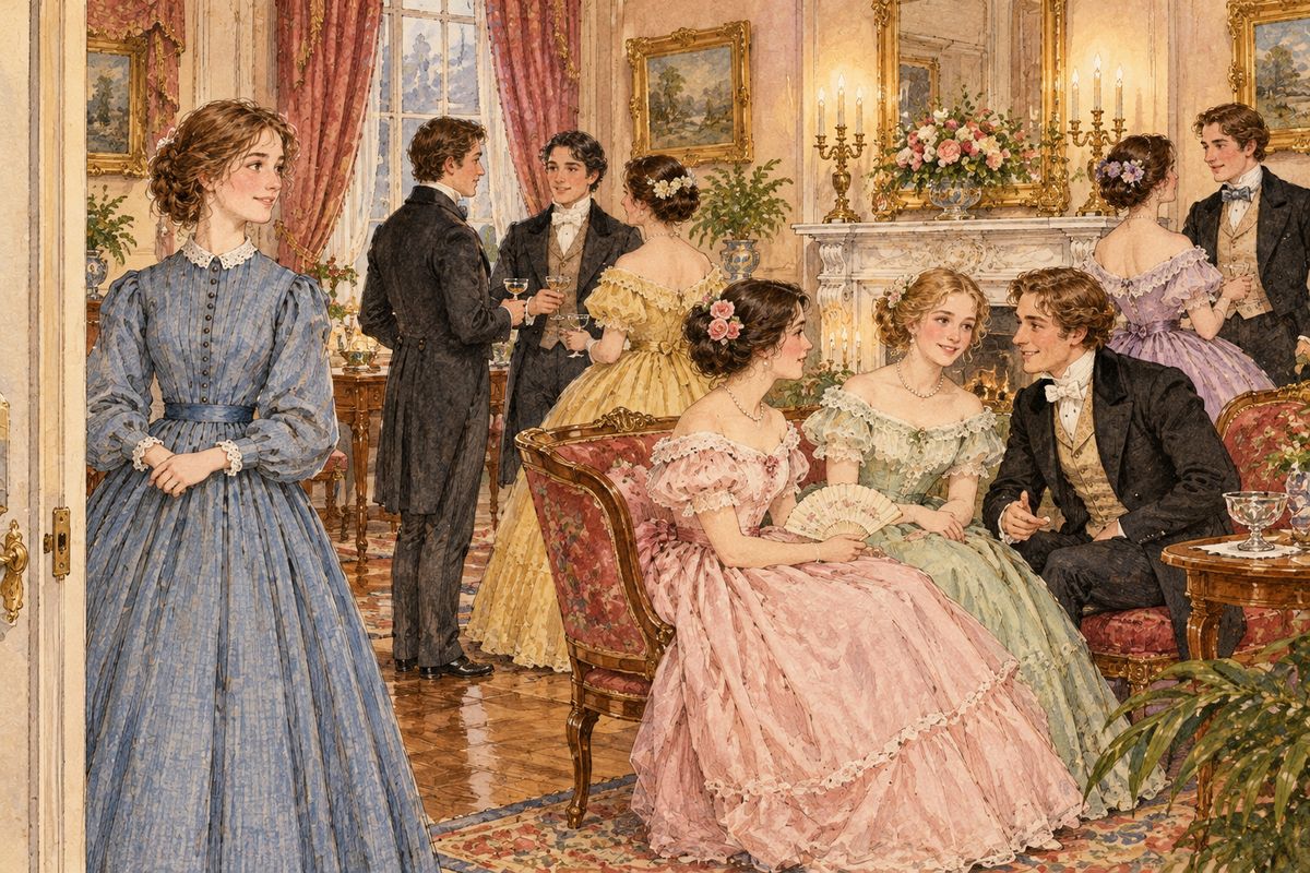 In April, Meg spent a fortnight with the fashionable Moffats, dazzled by their splendid rooms. She overheard them pity her shabby tarlatan and whisper that Marmee had plans for rich Laurie. So at the next party she let Belle lace her into a borrowed blue silk.