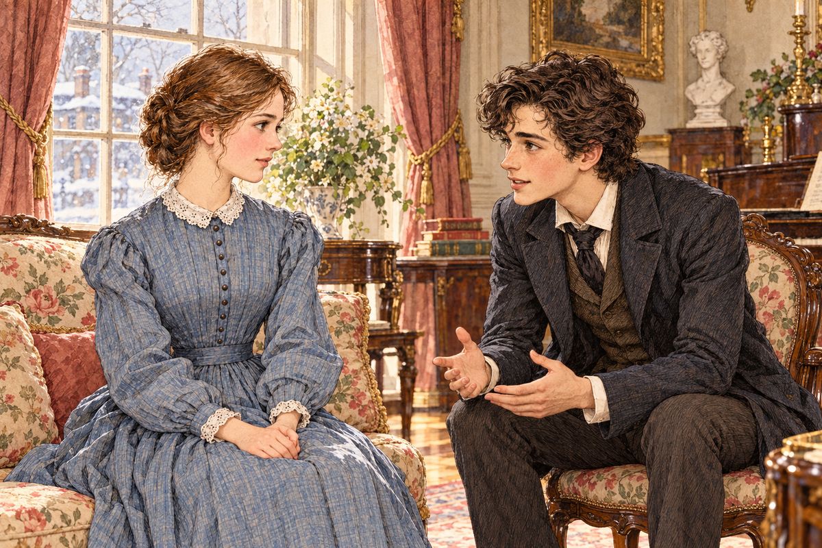 That evening she saw Laurie staring at her. “I don’t like fuss and feathers,” he said bluntly, and Meg flounced off to a quiet window, where she heard a guest call her nothing but a doll. Laurie soon came to beg her pardon, and Meg whispered that this sort of fun didn’t pay.