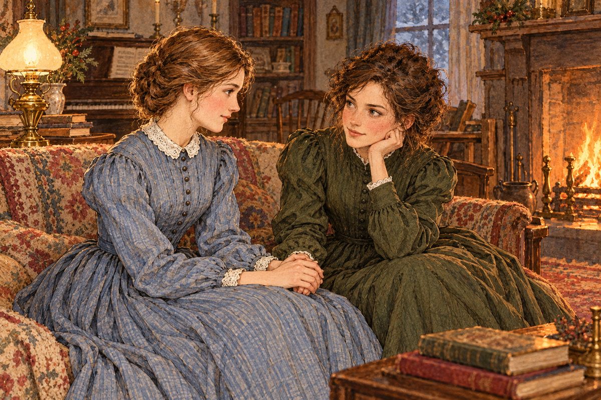 Home again, Meg sat by the fire with Marmee and Jo and bravely said, “Marmee, I want to ‘fess.’” She owned up to the powder, the champagne, and the silly gossip about Laurie. Jo called it rubbish, and Marmee told her girls that love and self-respect mattered far more than money.