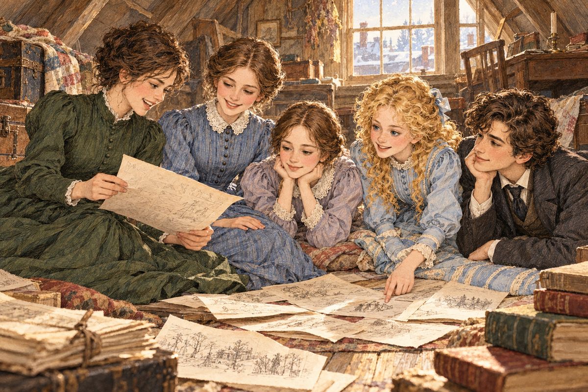 Every Saturday night the Pickwick Club met in the garret, badges tied round their heads, to read Jo’s homemade newspaper. When Jo proposed Laurie as a member, shy Beth bravely declared, “I say he may come.” Then Jo flung open the closet, and there sat Laurie on a rag bag, twinkling with laughter.