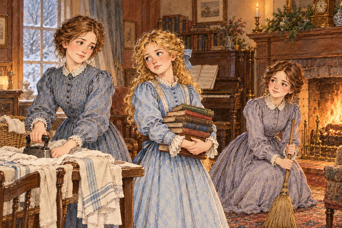 On the first of June, the sisters came home weary. Beth cuddled Jo’s tired feet, Amy stirred lemonade, and Meg sighed that she meant to rest all summer. Marmee let them try a week of play, warning that “all play and no work is as bad as all work and no play.”