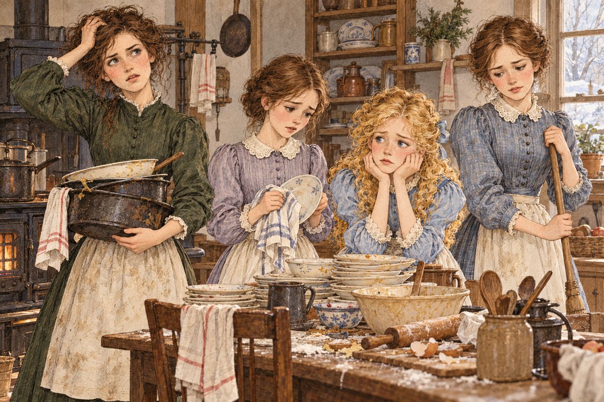 By Saturday the house was a muddle, and Marmee gave Hannah a holiday. There was no fire and no breakfast, poor Pip the canary had died for want of seed, and Jo’s grand dinner for Laurie went wrong in every dish. “Salt instead of sugar, and the cream is sour,” Meg announced tragically.