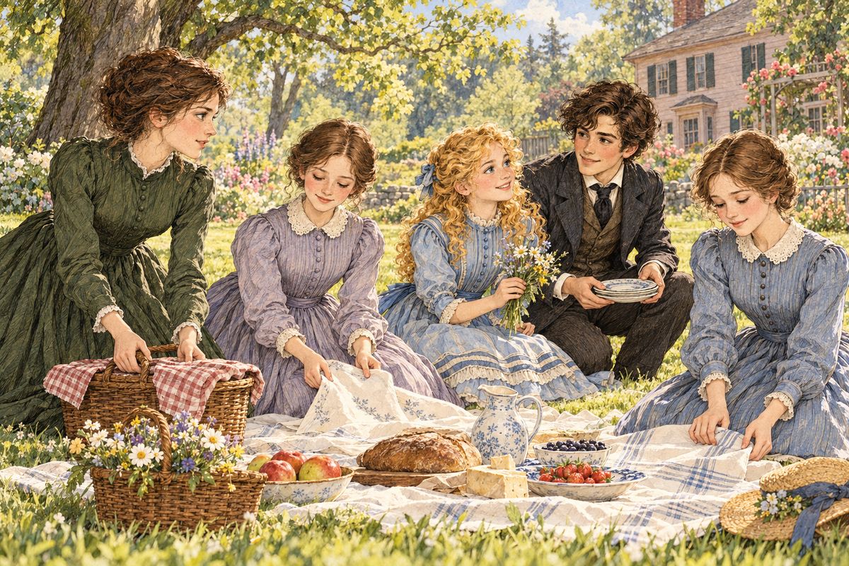 One July day, Laurie invited them all to a picnic with his English friends. Jo wore the huge old hat he had sent her as a joke, and at Longmeadow he cried, “Welcome to Camp Laurence!” After croquet, Mr Brooke and Meg spread the lunch, while acorns dropped into the milk and ants came uninvited.