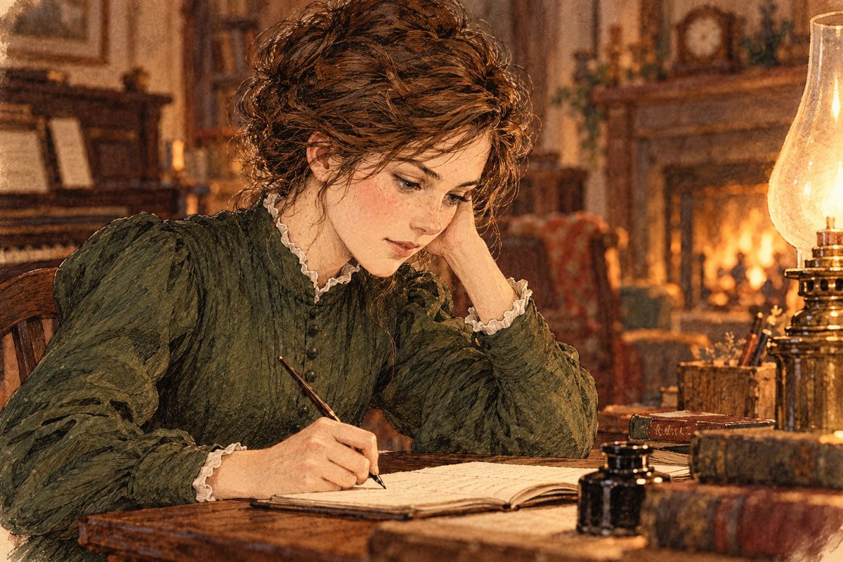 As October grew chilly, Jo wrote and wrote in the garret, while Scrabble the pet rat strolled the beams above. At last she signed her name with a flourish. “There, I’ve done my best!” she cried, then tied her story with a red ribbon and slipped off secretly to town.