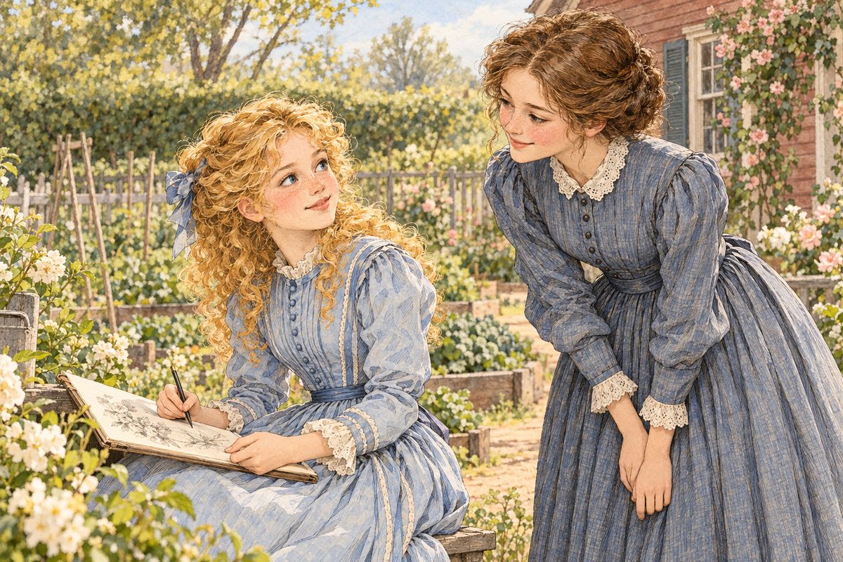 For weeks Jo behaved so oddly that her sisters were puzzled. Meg watched Laurie chase her all over the garden into Amy’s bower, amid shrieks of laughter and flapping newspapers. “What shall we do with that girl? She never will behave like a young lady,” Meg sighed to Amy.