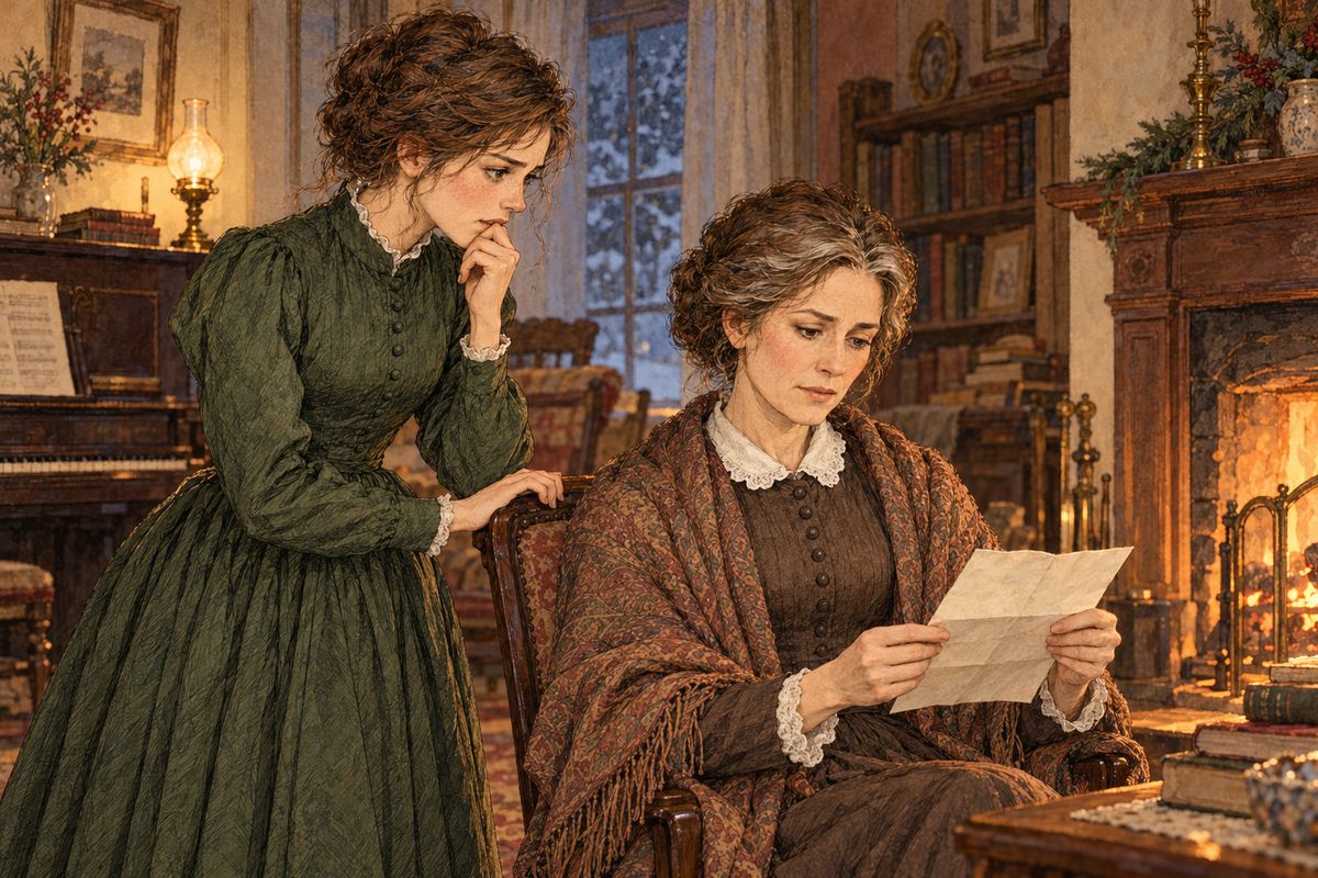 Soon Jo came in and read a romantic tale aloud from a newspaper, hiding her face behind the sheet. When Beth asked who wrote it, Jo burst out, “Your sister.” There was her own name in print, and Marmee read it with shining pride while Jo waited, flushed and anxious.