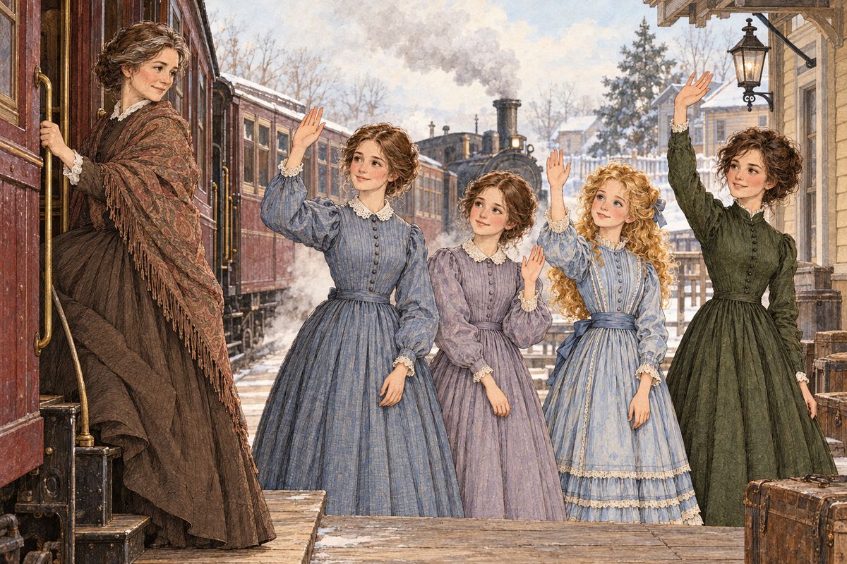 But soon a telegram came: Father was very ill in Washington. Marmee hurried away to nurse him, with Mr Brooke to help her, and the four sisters waved bravely, promising to take good care of one another until she came home again.