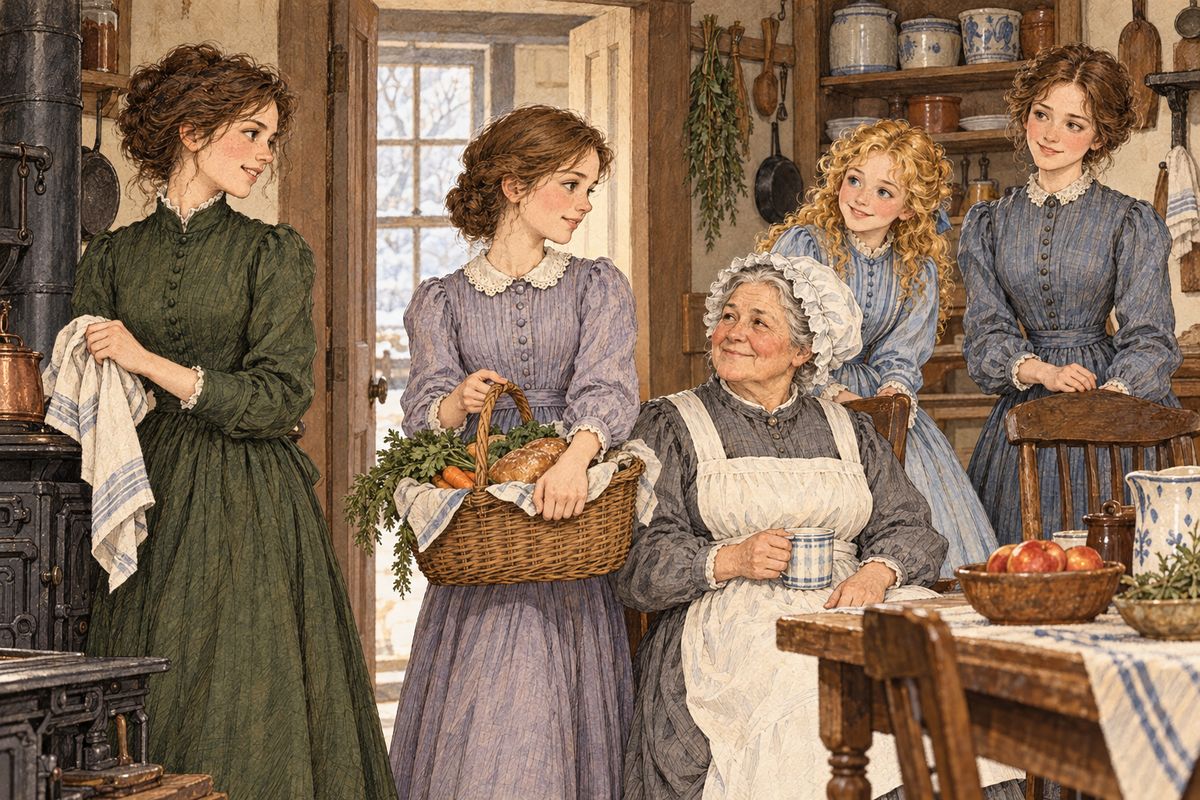 At first the girls kept Marmee’s motto, “Hope and keep busy,” and good news came from Washington: Father was mending. But soon they slipped back into old ways. One chilly afternoon, while Meg tried on a dress, Jo scribbled, and Hannah dozed by the fire, Beth filled a basket for the poor Hummels and went alone.