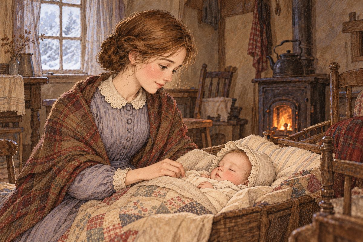 At the Hummels’ cottage, Beth took the sick baby onto her lap so little Lottchen could rest. Suddenly it gave a small cry, trembled, and died in her arms. The doctor said, “Scarlet fever, ma’am,” and sent Beth straight home to take medicine, or she would catch it too.